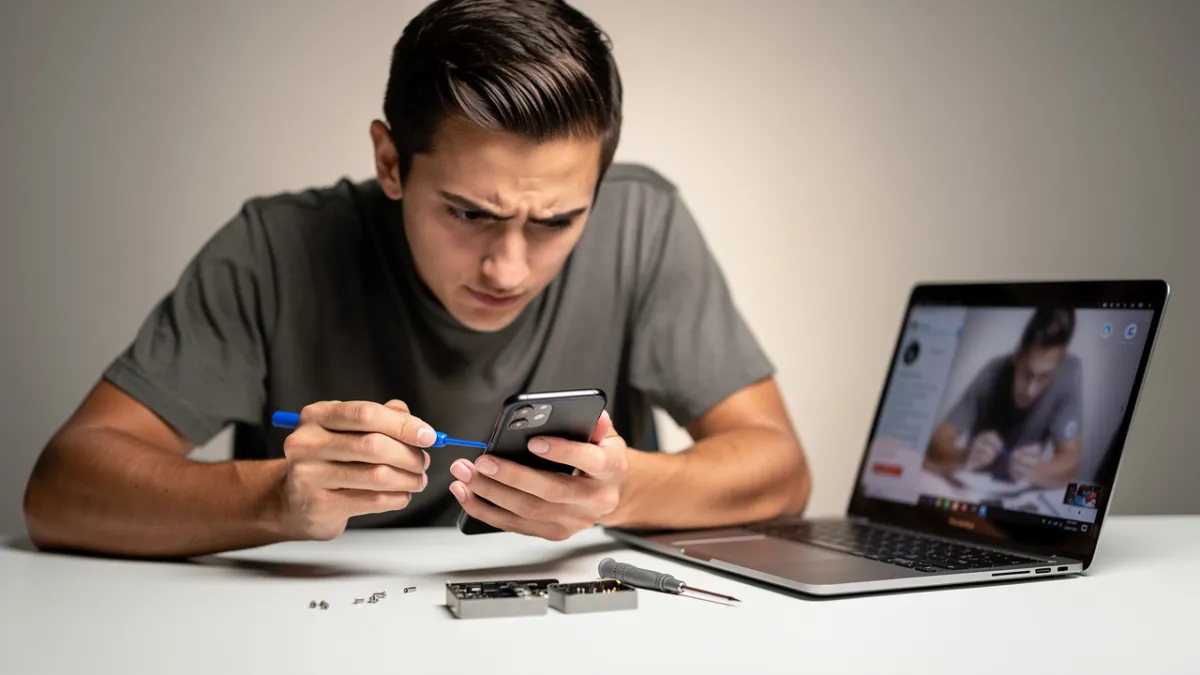 Iniciante estudando manutenção de celular na bancada com aparelho aberto e vídeo aberto ao lado