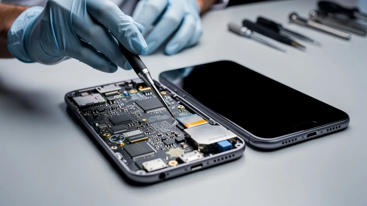 Técnico alimentando placa de celular na fonte de bancada para diagnosticar aparelho que não liga