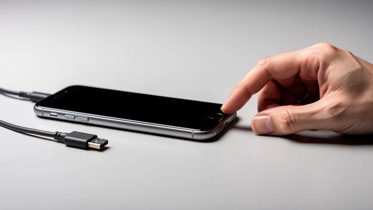 Celular com tela apagada sobre a mesa, ao lado de cabo e carregador
