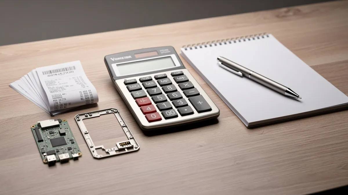 Técnico de celular calculando preço de um reparo com peça e maquininha de cartão sobre a bancada