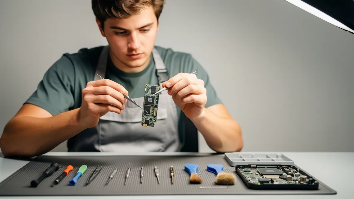 Técnico de manutenção de celular na bancada com aparelho aberto, ferramentas e equipamento de diagnóstico