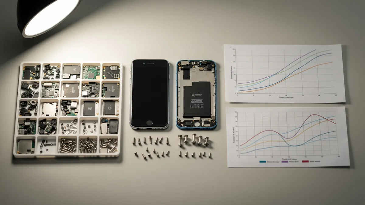 Bancada de assistência técnica de celular com planilha de preços, aparelhos em fila e anotações de reparo sobre a mesa