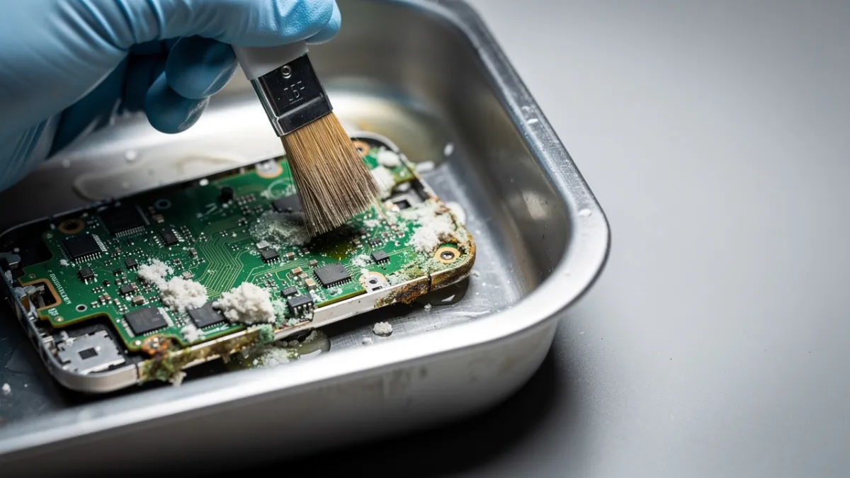 Placa de celular oxidada em processo de limpeza sob microscópio na bancada do técnico