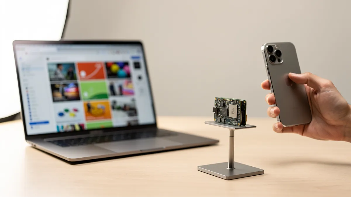 Vitrine de assistência técnica de celular com movimento de clientes e sinais de presença online para atrair público além da rua