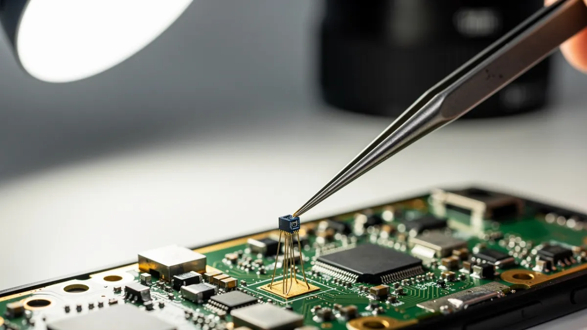 Técnico fazendo microssoldagem num componente minúsculo da placa de celular sob microscópio