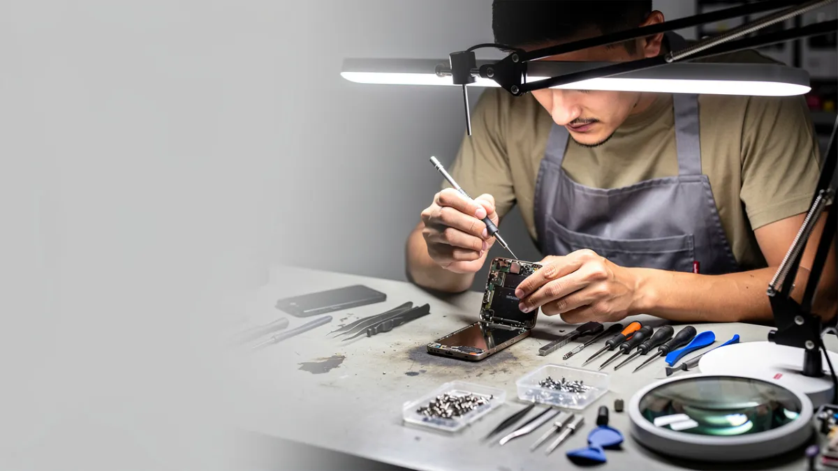 Técnico de celular diagnosticando aparelho na bancada e explicando o reparo ao cliente