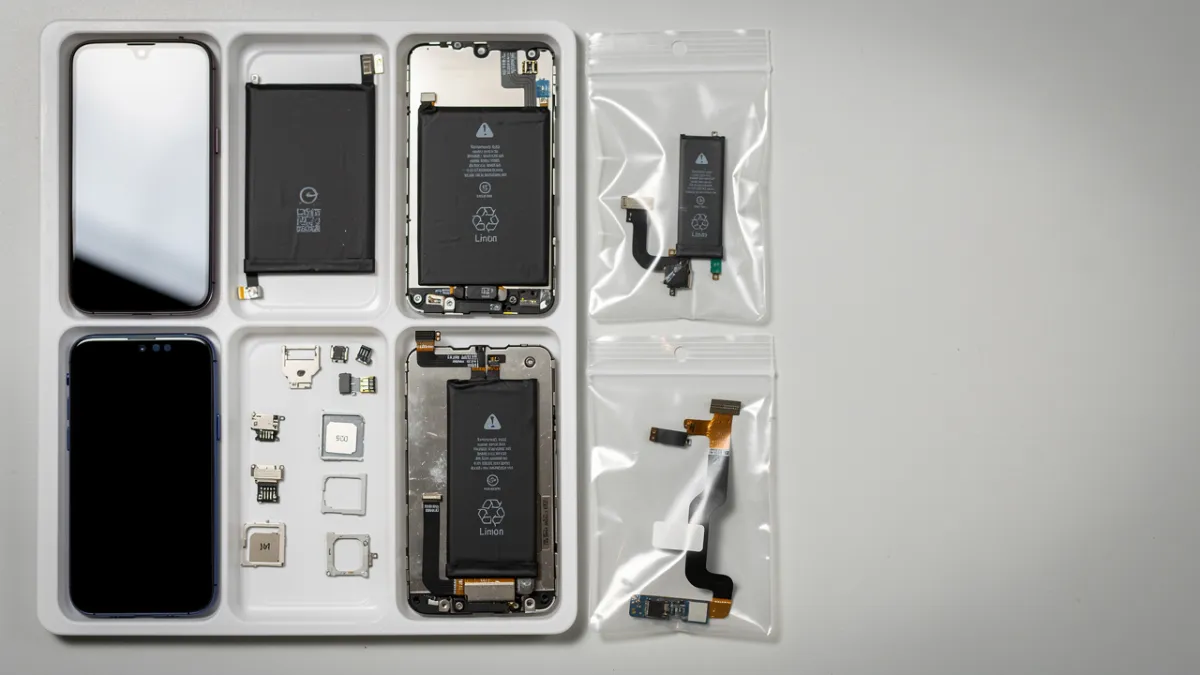 Técnico de assistência escolhendo peças de celular no balcão de um fornecedor