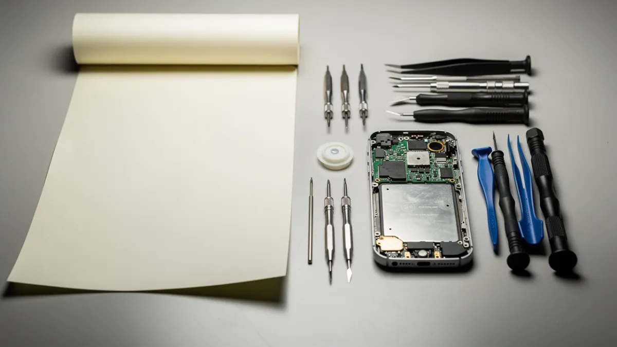 Técnico de manutenção de celular na bancada trabalhando em aparelho aberto sem diploma na parede
