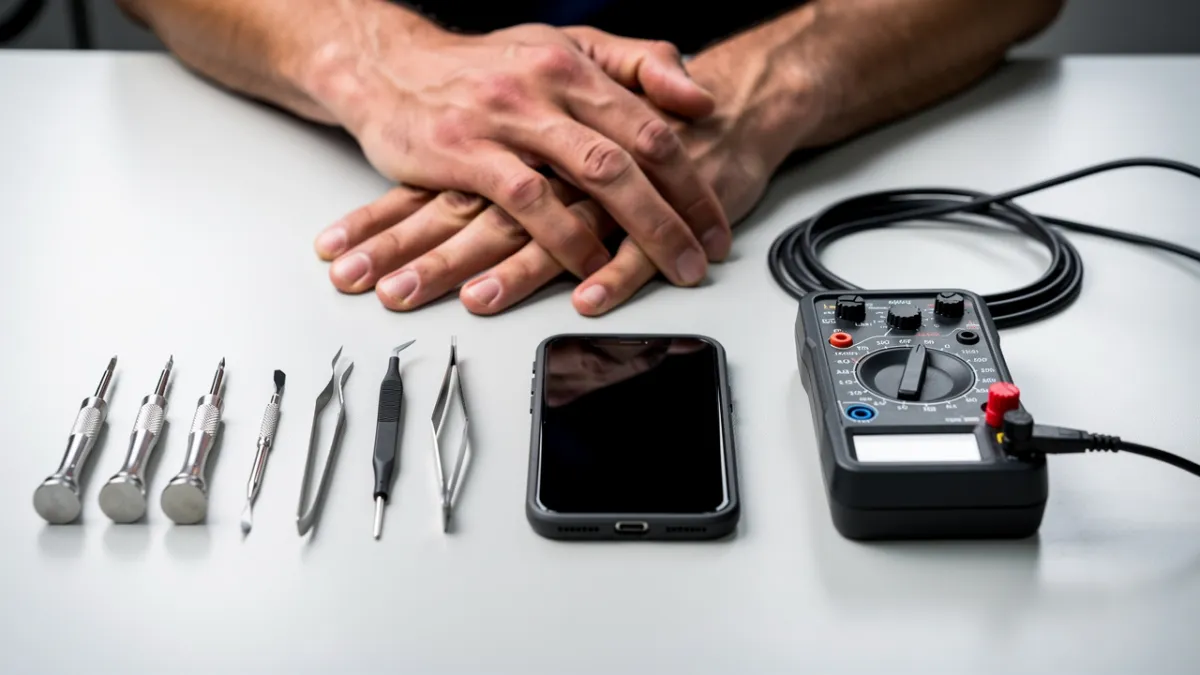 Técnico de manutenção de celular na bancada com aparelho aberto e ferramentas, avaliando um reparo