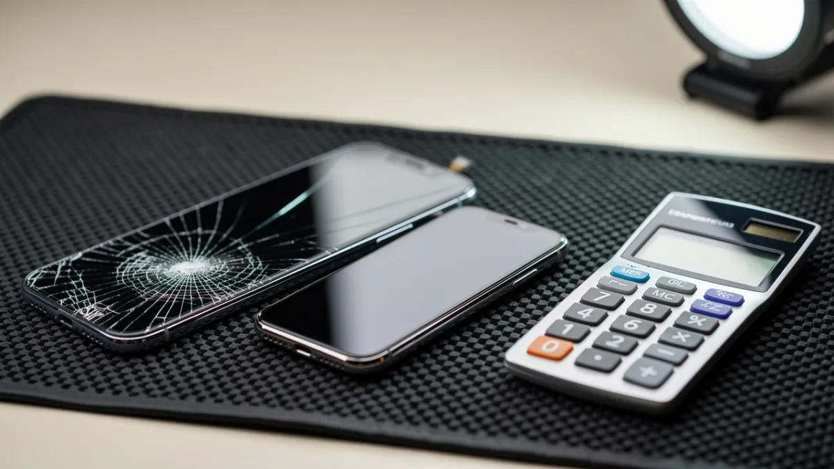 Celular com a tela trincada ao lado de uma tela nova sobre a bancada
