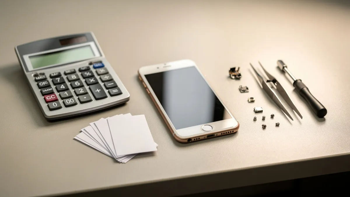 Bancada de assistência técnica de celular com aparelho aberto e ferramentas de reparo