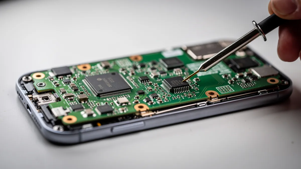 Placa de celular sobre a bancada com técnico usando multímetro e microscópio no reparo