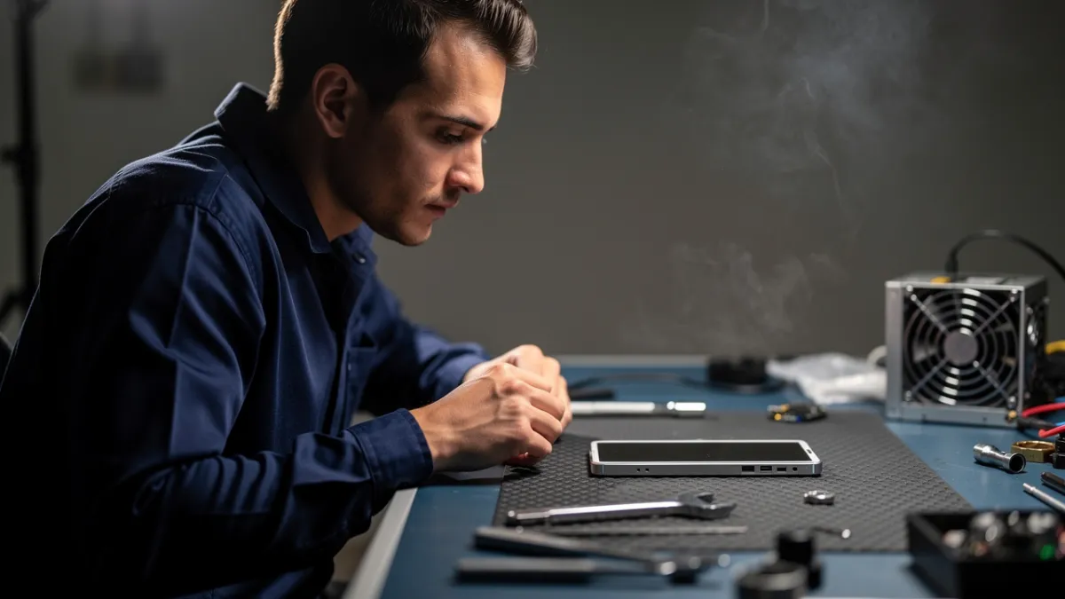 Técnico sozinho diante de uma bancada com celular aberto que não liga, expressando o momento de travar sem saber o próximo passo