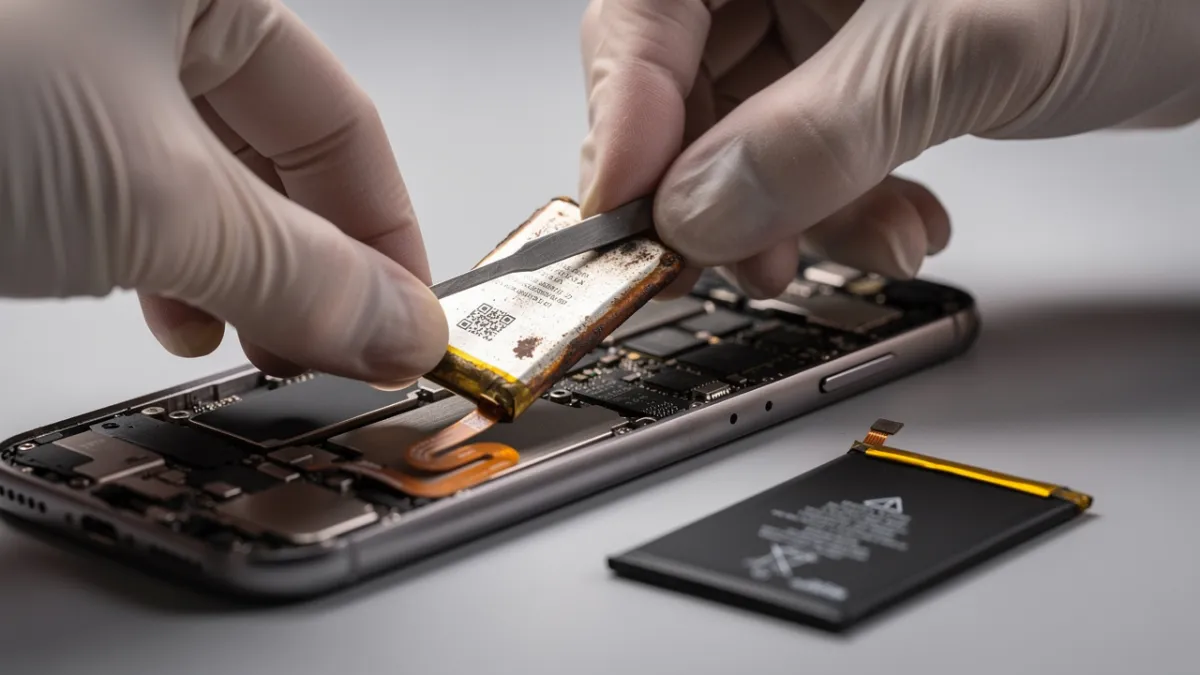 Técnico removendo com cuidado uma bateria de celular na bancada, com luvas e ferramenta antiestática