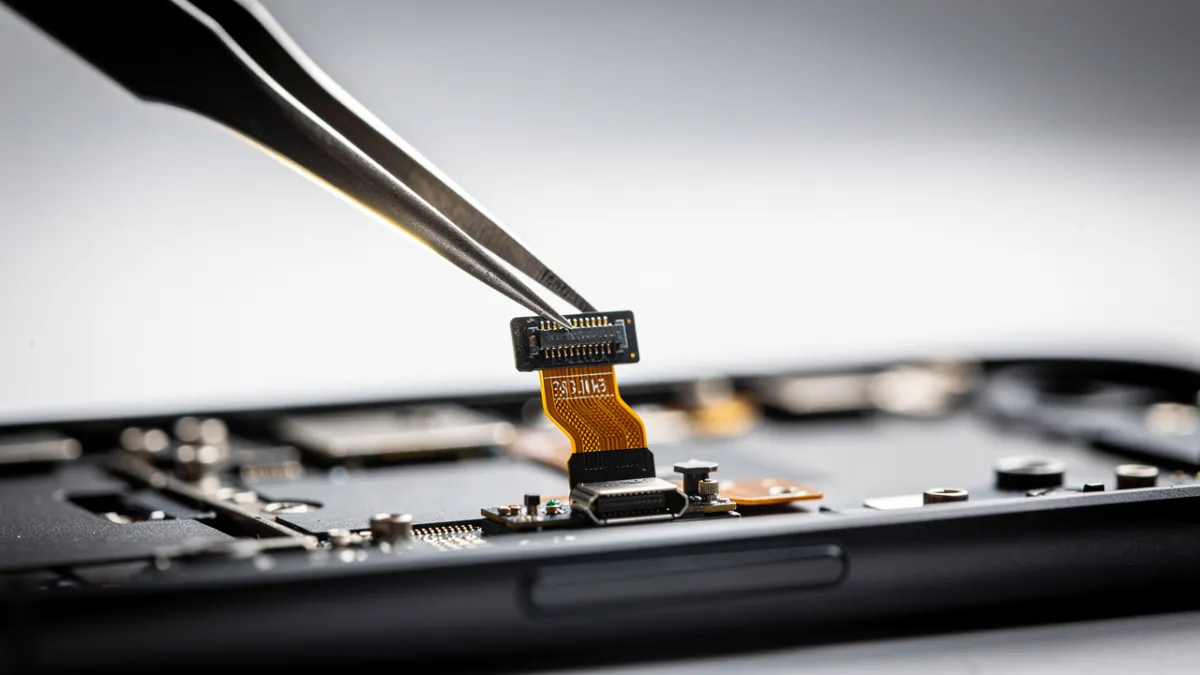 Técnico dessoldando o conector de carga de uma placa de celular sob microscópio na bancada