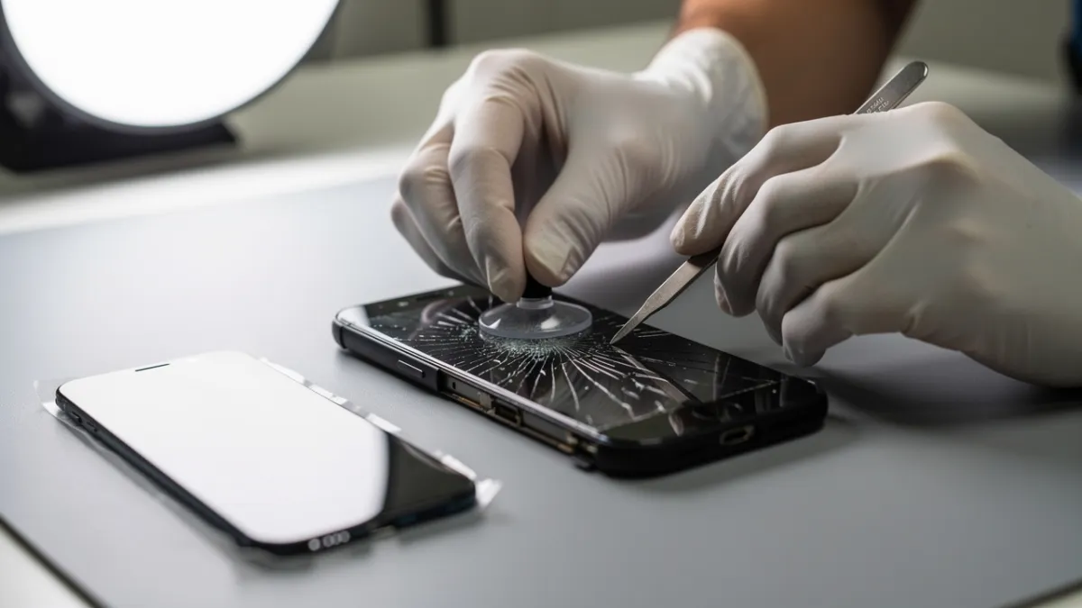 Técnico fazendo a troca de tela de um celular na bancada com soprador térmico e ventosa