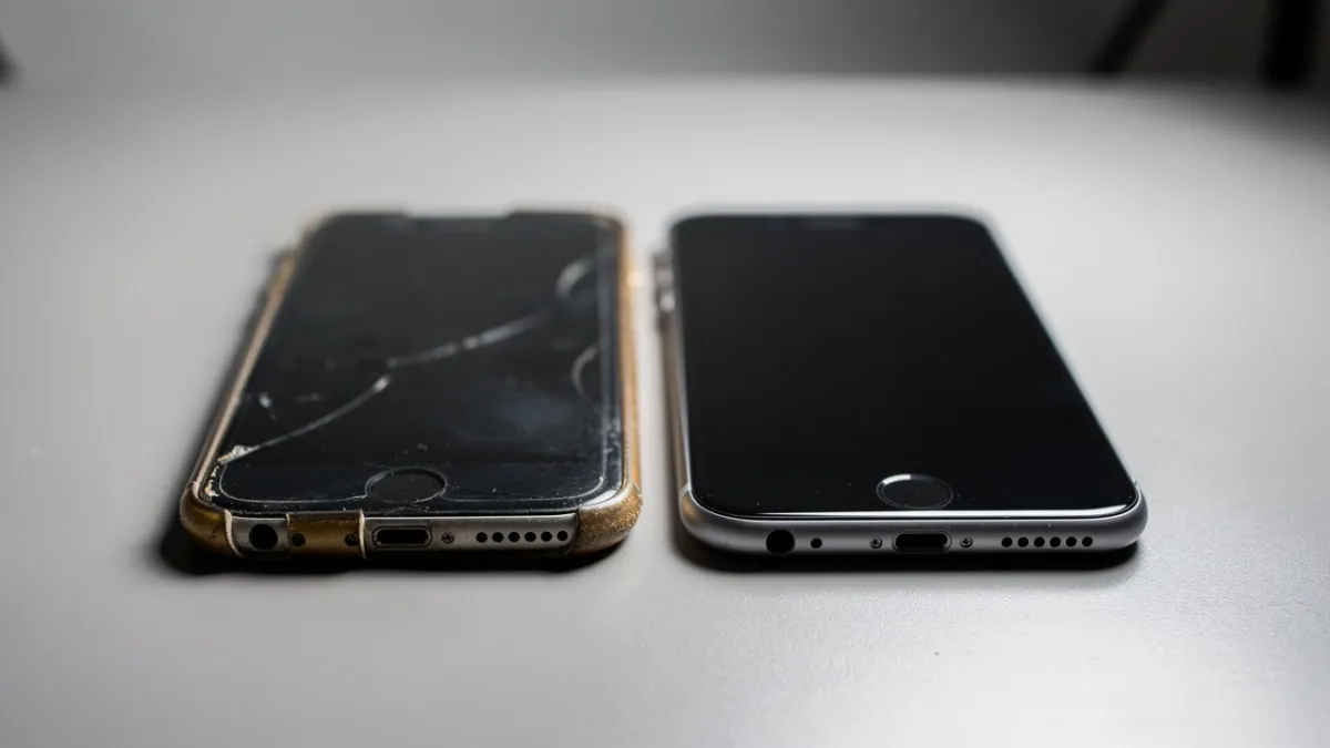Pessoa segurando um celular com defeito, decidindo entre consertar e comprar outro