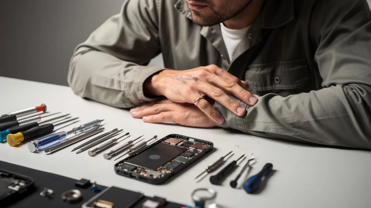 Técnico de celular na bancada avaliando se a profissão vale a pena, aparelho aberto em primeiro plano